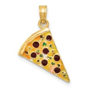 14k Yellow Gold Enamel Food Novelty Pepperoni Pizza Slice Charm Necklace Pendant